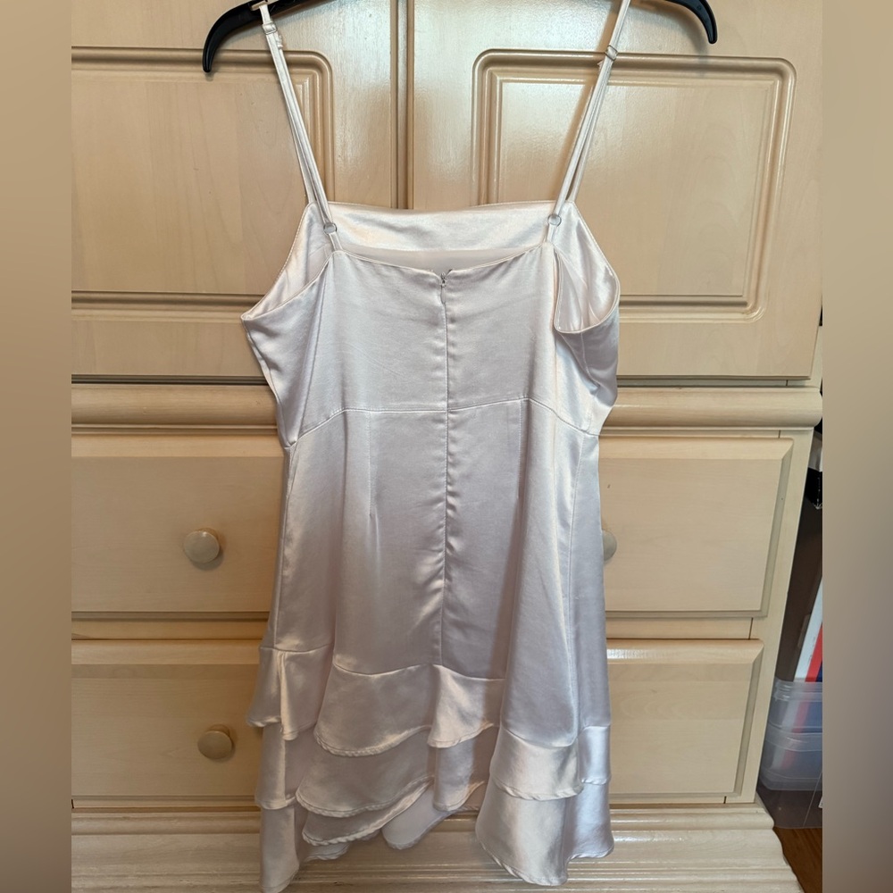 White Satin Ruffle Mini Dress - Picture 5 of 6